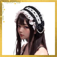 ロリータ ヘッドドレス カチューシャ レース リボン ゴスロリ 髪飾り 萌え メイド (black, 普通) 0