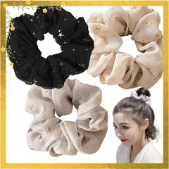 shefun シュシュ 大人 サテン 髪の毛 ゴム 無地 花柄 ヒョウ柄 絞り染め かわいい 大きめ 3個セット レディース オトナ しゅしゅ JP324 (星空シフォン)