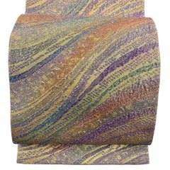 【美品】 袋帯 名品 落款 霞 幾何学 金糸 箔 灰紫 全通 正絹 【中古】