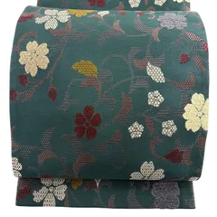 【美品】 袋帯 名品 桜 唐草 モール織 青緑 六通 正絹 【中古】