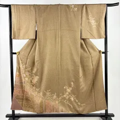 訪問着 身丈153.5cm 裄丈66cm M 袷 花唐草 青海波 刺繍 ぼかし 茶色 正絹 秀品 【中古】