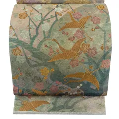 【美品】 袋帯 逸品 佐波理 落款 鶴 枝梅 箔 金糸 緑 六通 正絹 【中古】のサムネイル