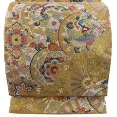 【美品】 袋帯 秀品 源氏車 花鳥 唐織 金糸 灰茶 六通 正絹 【中古】