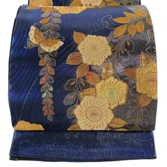 【美品】 袋帯 秀品 振袖向き 辻が花柄 蝶 箔 金糸 青 六通 正絹 【中古】