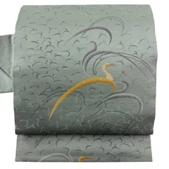 名古屋帯 秀品 鳥 幾何学 青灰色 正絹 【中古】