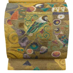 袋帯 秀品 鳥 花唐草 箔 金糸 からし色 お太鼓柄 正絹 【中古】