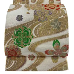 【美品】 袋帯 秀品 振袖向き 桜 流水 金糸 箔 クリーム 六通 正絹 【中古】