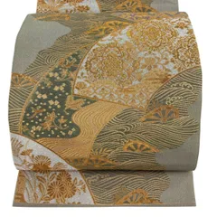 【美品】 袋帯 秀品 扇面 華文 金糸 箔 灰緑 六通 正絹 【中古】