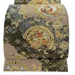 【美品】 袋帯 秀品 連珠文 花唐草 箔 金糸 灰桜 六通 正絹 【中古】