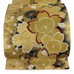 【美品】 袋帯 秀品 振袖向き 桜 花びら 箔 金糸 金色 六通 正絹 【中古】