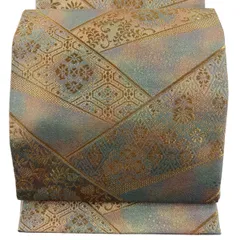 【美品】 袋帯 秀品 草花 幾何学 金糸 灰緑 六通 正絹 【中古】