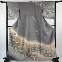 訪問着 身丈163cm 裄丈63.5cm S 袷 辻が花柄 波 金通し 染め分け 灰紫 正絹 秀品 【中古】