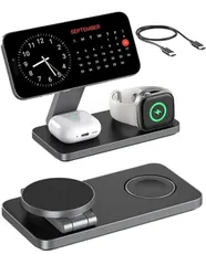 ★[fluche] MagSafe充電器 ワイヤレス充電器 MagSafe対応 折り畳み式 3in1 マグネット式 15W急速充電 15W/10W/7.5W ワイヤレス充電 3つのデバイスを同時に マルチスタンド 折りたたみ式 マグセーフ  (ブラック)