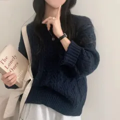 エイブリー シュガパウダー ケーブル編み ルーズフィット ラウンド ニット ネイビー