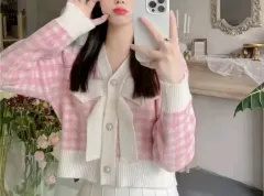 新品) キュービック リボン ピンク チェック カーディガン