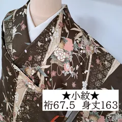 【小紋】裄67.5 身丈163 袖52.5　正絹　袷　紗綾形地紋入りこげ茶系色地に春秋柄　よ10S04　B2613