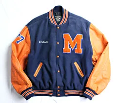 古着 ホロウェイ 袖革スタジャン 2XL ビッグシルエット アメカジ ワッペン付き ネイビーオレンジ ビンテージ