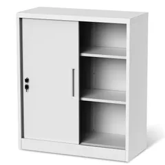 新品 DEWEL スチールロッカー 鍵付き書庫 鍵付きキャビネット スチール製 書庫 保管庫 収納庫 おしゃれ 業務用 法人、個人事業主様向け 3段 A4対応 可動棚 (ライトグレー [引き戸]高さ105cm)