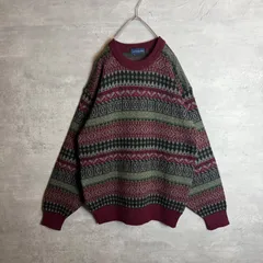 90s ヴィンテージ レトロ 古着 ニット セーター 総柄 ボーダー 幾何学模様 Lサイズ