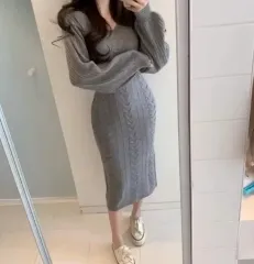He.nique ケーブル編み ニット ロング ONE PIECE グレー