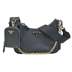 PRADA プラダ Re-Edition 2005 トライアングル・ロゴ サフィアーノレザー バッグ 1BH204_NZV_F0632_V_V2P ミニポーチ付 ショルダーバッグ ブラック レディース 本物 送料込み!!