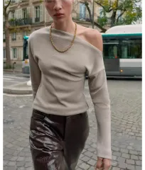 新品/ZARA ザラ ソフト アシンメトリー トップス Sグレー ベージュ オフショルダー Tシャツ