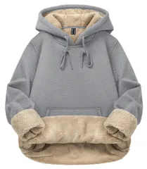 新品 [TACVASEN] フード付きパーカー レディース アウター 裏ボア 普段着 トレーナー 裏起毛スウェット かわいい カジュアル ゆったり 無地 保温 フリース プルオーバー 春秋 冬服 ライトグレー 3XL