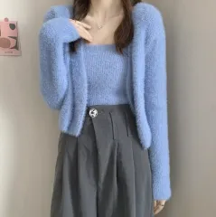 アンゴラファー クロップドニット キャミソール カーディガン セット 1 (FREE)(5COLOR)