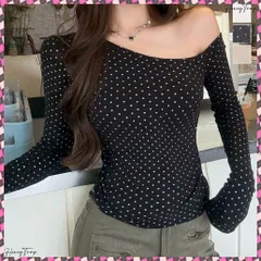 送料無料 ドットラメtシャツオフショルダートップス 肩出しtシャツレディース ワンショルダーt長袖肌見せカットソーセクシー タイトトップス着やせ 大人可愛いTシャツ水玉模様 細見えtシャツ薄手 きれいめカットソー 韓国風ガーリー春服