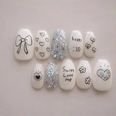 【サイズオーダー】 108 ネイルチップ 落書きネイル ハート リボン 流行りネイル 韓国