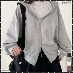 ダブルジップスウェットフード付きパーカー フーディパーカーレディース 薄手スウェットブルゾン ドロップショルダー はおりもの スウェットカーディガン ジップアップ 体型カバーゆったり 着やせ フーディー ライトアウター春秋 送料無料