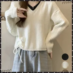 Vネックリブニットトップス 暖かいニット レイヤードニットレディース韓国風 きれいめトップス秋冬服 サイドドローストリングニットおしゃれ ニットセーター大人可愛い ドッキングニット服 ゆったりニット長袖 体型カバートップス 送料無料