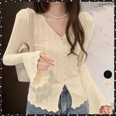 透かし編みニットフレア袖サマーニット春服 韓国風前開きニットトップスレディース 薄手ニットカーディガンVネック フロントボタンニットソー 大人可愛いニットきれいめ スカラップ裾ニット キャンディスリーブ タイトニット着やせ 送料無料