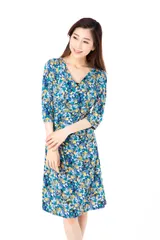 ファス(FAS)ワンピース T2 T3 T4サイズ ７分袖 膝丈 花柄  カシュクール　ジャージー きれいめワンピース レディース Fille A Suivre