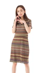 エジェリ EGERIE ワンピース フランス製 Vネック 半袖 ひざ丈 膝丈 インポート 上品 きれいめ 大人 ブラウン T1 T2 T3