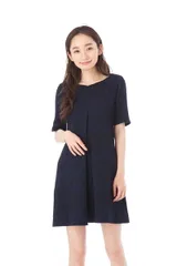 【フランス製】EGERIE エジェリ ワンピース T1サイズ 五分袖 ひざ丈 Vネック ネイビー 大人上品 ジャージー素材 コットン混 伸縮性 シワになりにくい オフィス 通勤 お呼ばれ