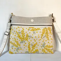 横型スマホポシェット ミモザ柄 生成り ショルダーストラップ付き