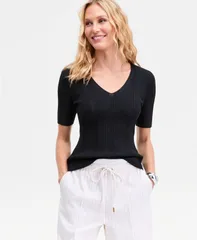 アイエヌシー インターナショナル コンセプト レディース アウター ニット・セーター Vネック リブ INC International Concepts Womens VNeck Short Sleeve Ribbed Knit Sweater Deep B