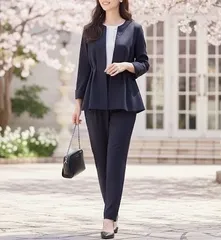 新品！上下セット ペプラムジャケット+テーパードパンツスーツ ネイビー​ 防シワ・抗菌防臭 卒業式 入学式 セレモニー オフィス 仕事 ビジネス