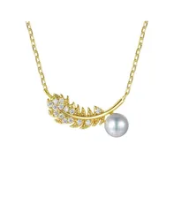 ジュネヴィヴェ レディース アクセサリー ネックレス・チョーカー・ペンダントトップ レース Genevive 14k Gold Plated Sterling Silver with Cubic Zirconia Faux Pearl Fern Leaf Pe