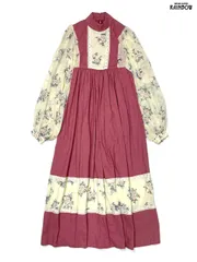 古着 レース ハイネック 花柄 シフォン コットン ロング丈 長袖 ワンピース ピンク ベージュ (otu2601038)