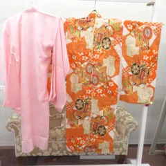 子供着物 女の子用 四つ身 襦袢セット オレンジ×オフホワイト×金彩  御所車 波 古典柄 単衣 ポリエステル 子供きもの 七五三 身丈117cm