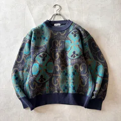 MOARE ウール100 毛100 ヴィンテージ　メンズ　セーター　ニット　丸襟　ブルー　ネイビー　古着　メンズ　ユニセックス　総柄　柄