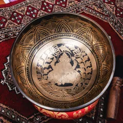 【一点物】ガネーシャ　細密彫りチベタンアンティックシンギングボウル【音階：Bb】約1566g(スティック付属) / アン