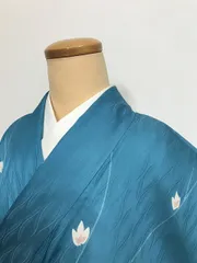 【中古】Sサイズ 小紋 化繊 ブルー地に枝花模様