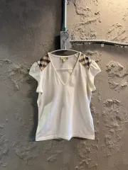 バーバリー BURBERRY チェック ショルダーバッグ Vネック 半袖 Tシャツ 白 M