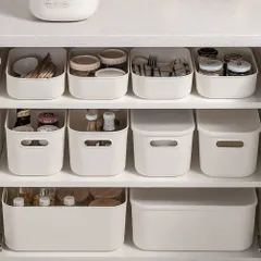文房具・衣類収納 小物入れバスケット キッチンシンク下 プラスチック 収納かご 収納ケース ポリプロピレン SML・3サイズ ふた付き ホワイト 収納ボックス (6個セット) yazi