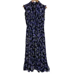 良品 kate spade ケイトスペード フラワープリント シルクドレス ノースリーブ ロング ワンピース サイズXXS ブラック×パープル レディース 古着 中古 USED