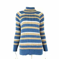 ジェイストゥディオ エディット J'STUDIO EDIT リブ ニット セーター マルチボーダー タートルネック 長袖 M 2 青 ブルー ベージュ グレー