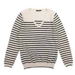 美品 MACPHEE マカフィー ボーダー 長袖 ニット セーター ロングスリーブ Vネック ミドルゲージ M キナリ ブラック レディース 古着 中古 USED